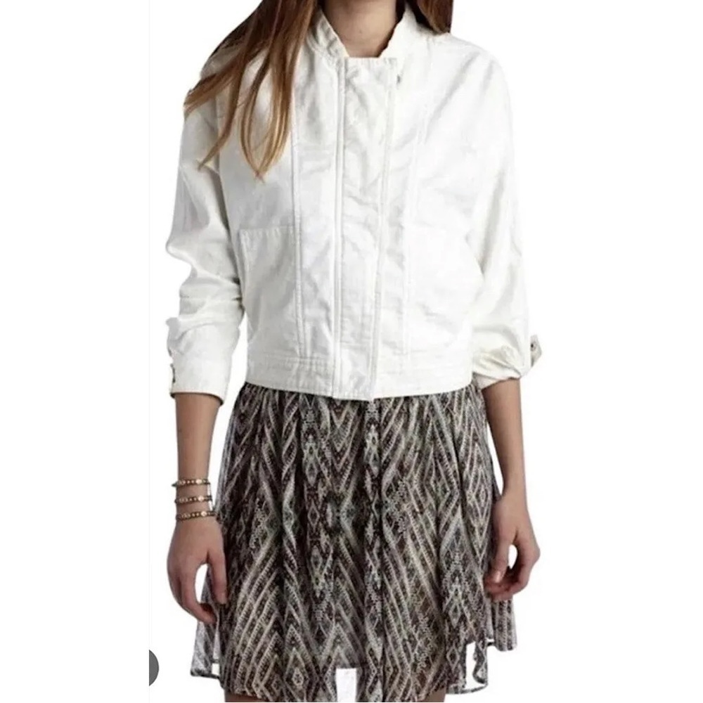 Free People Distressed Destroyed Tattered White Denim Tennis Jacket Size Medium